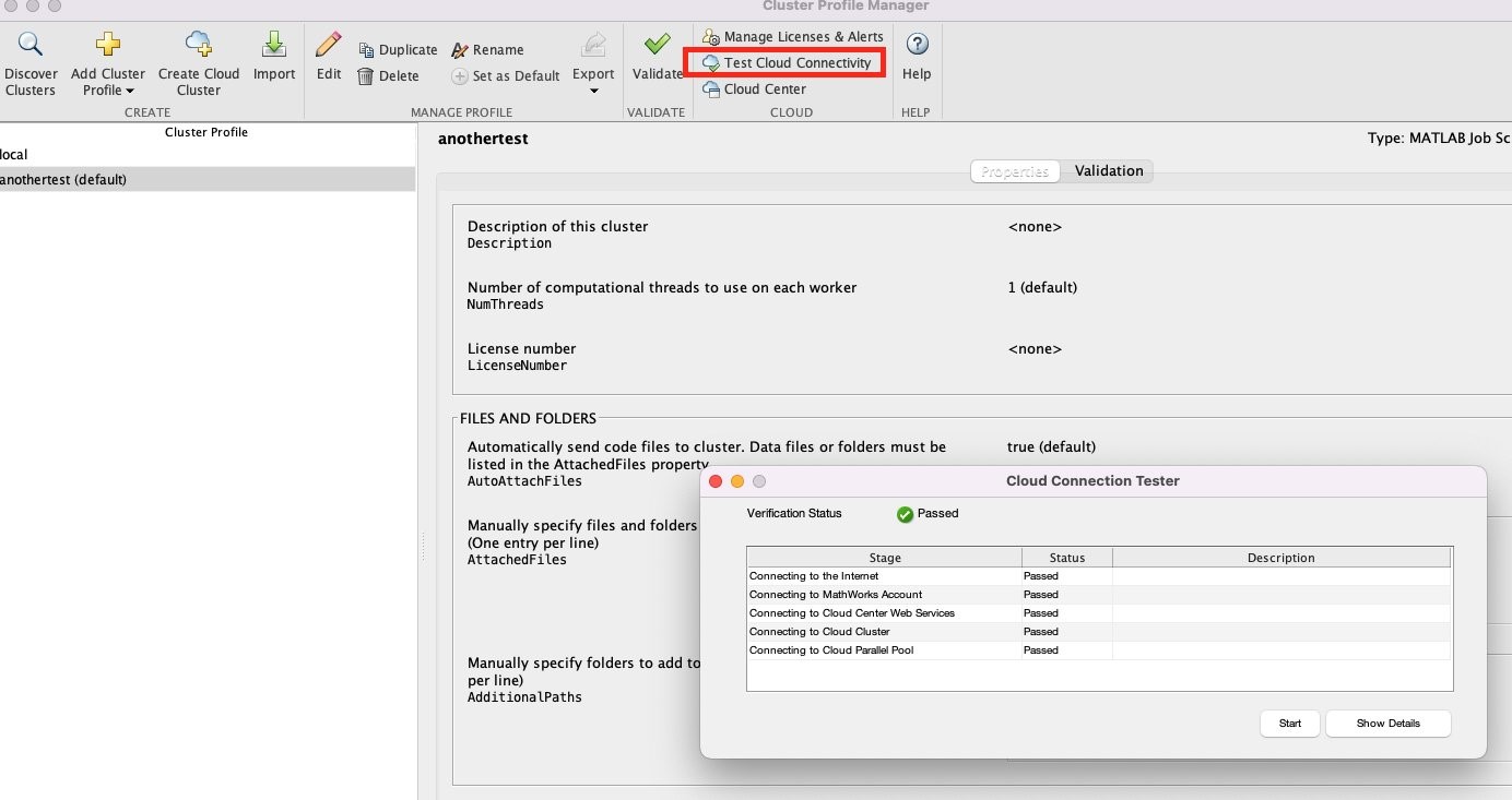 Figure 7. Test Cloud Connectivity on Cluster Profile Manager of desktop MATLAB application.