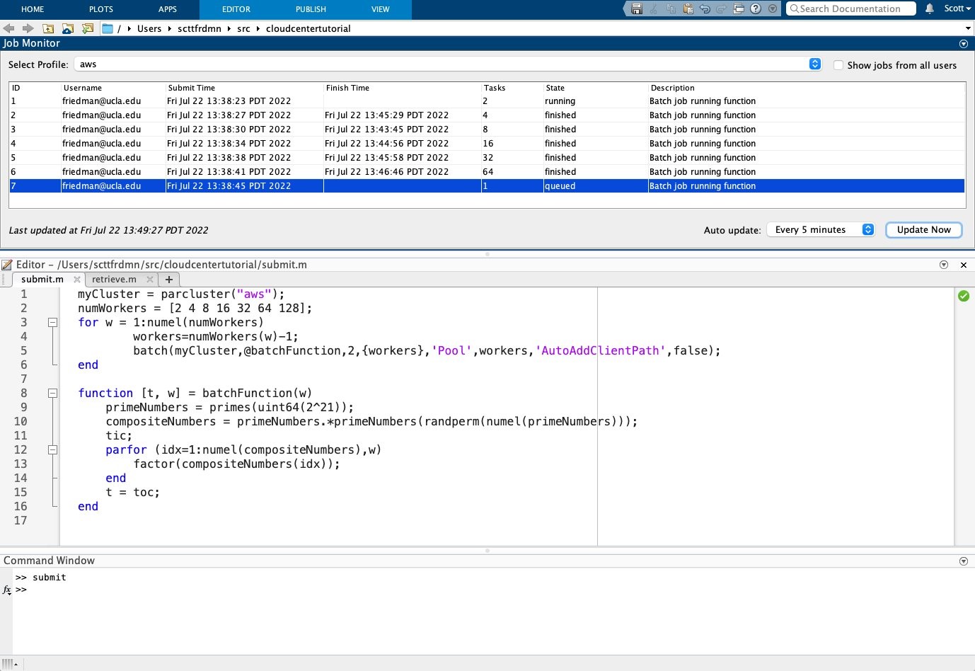 Figure 8. MATLAB Job monitor on desktop MATLAB application.