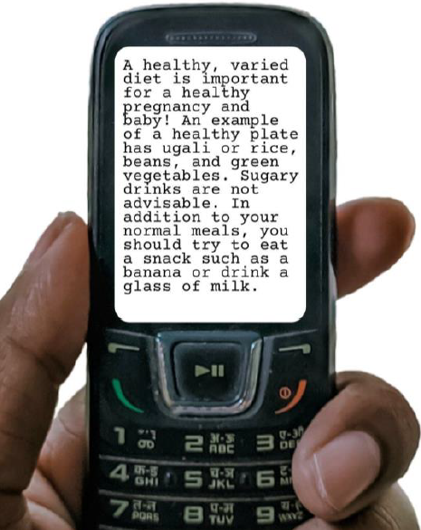 Figure 1. While mobile phones are commonplace in Kenya, internet-based telecommunications are less popular. For that reason, PROMPTS sends SMS in both English and Swahili to mothers. A message sent in the first trimester might read: “Watch for danger signs in pregnancy. Do you experience vaginal bleeding, severe nausea, vomiting, fever, or severe abdominal pain? If you see any of these danger signs, respond with an explanation of what you are seeing and go to the nearest hospital immediately.”