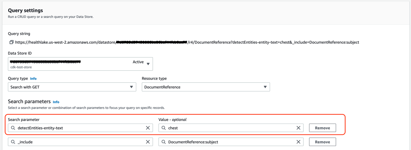 Figure 3. Amazon HealthLake used to query for terms discovered during message persistence. For example: detectedEntities-entity-text = chest.