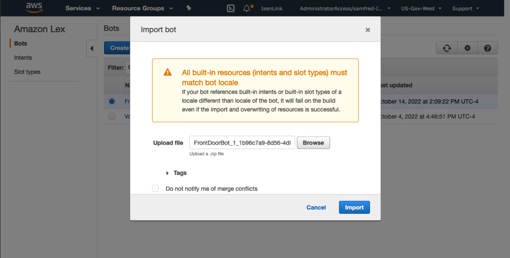 Figure 1. Import your Amazon Lex bot via the AWS Console screen.