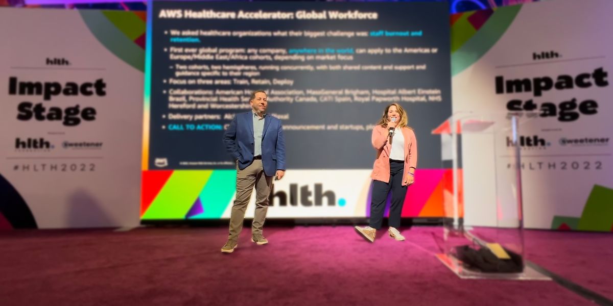 Pictured: Adam Glasofer, MD (left), global head of healthcare for public sector VC and startups at Amazon Web Services (AWS), and Amanda Goltz (right), US lead for worldwide public sector healthcare venture capital and startups at AWS, announce the new AWS Healthcare Accelerator Global Cohort for Workforce Development at the HLTH 2022 event in Las Vegas, November 16, 2022.