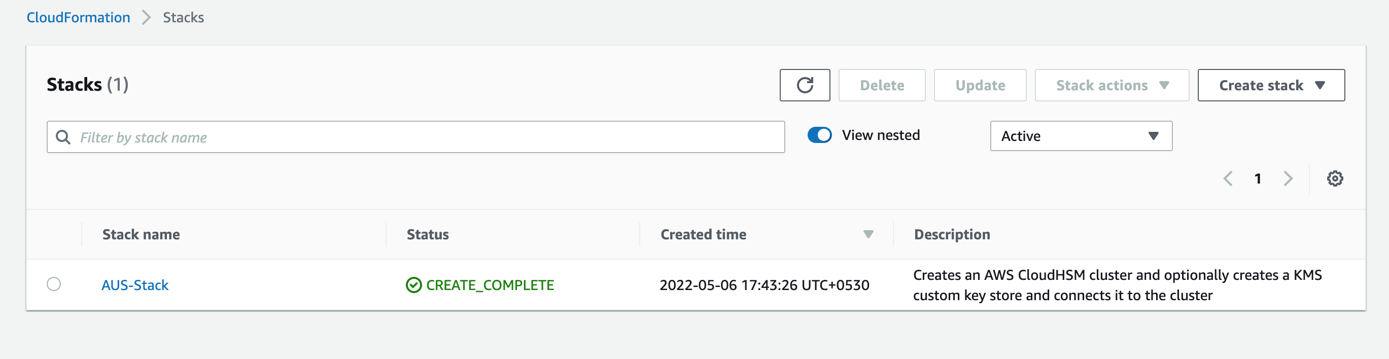 Figure 2. CloudFormation stack is successfully created. This creates AWS CloudHSM cluster connected to a custom key store.