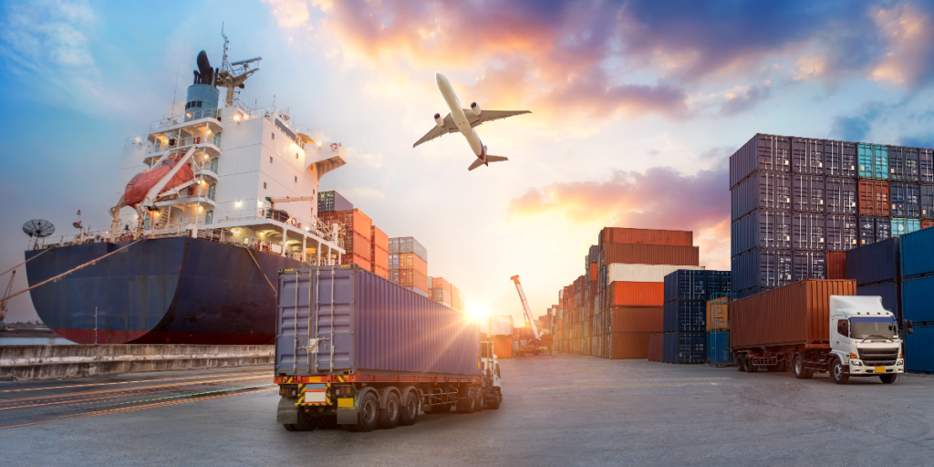 ship at a dock with truck and plane