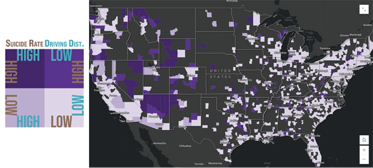 Figure 1. An example of Care Desert Analysis and Social Determinant of Health Index synthesis. The pictured images show the relationship between suicide rate and driving distance to a mental healthcare facility on a US map.