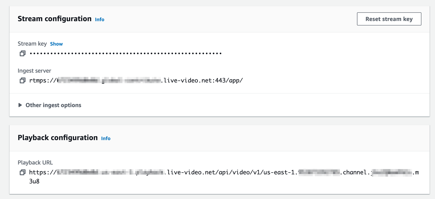 Figure 3. The Stream configuration and Playback configuration sections in the Amazon IVS console.