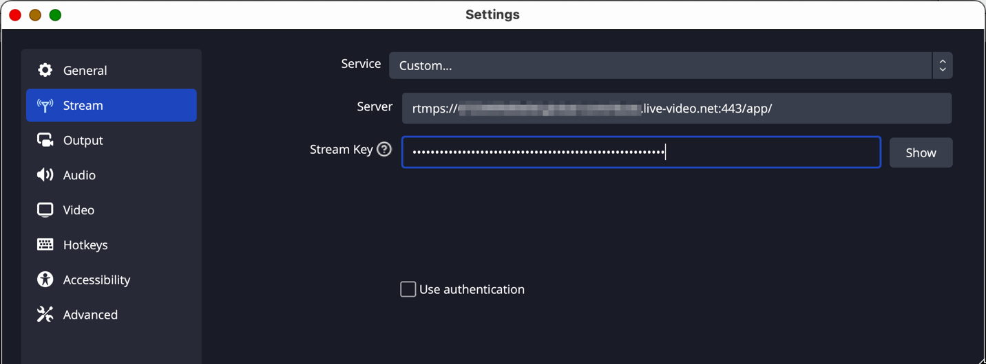 Figure 4. The Preferences window in OBS. In this example, the Server and Stream Key fields are filled in with values provided by Amazon IVS.