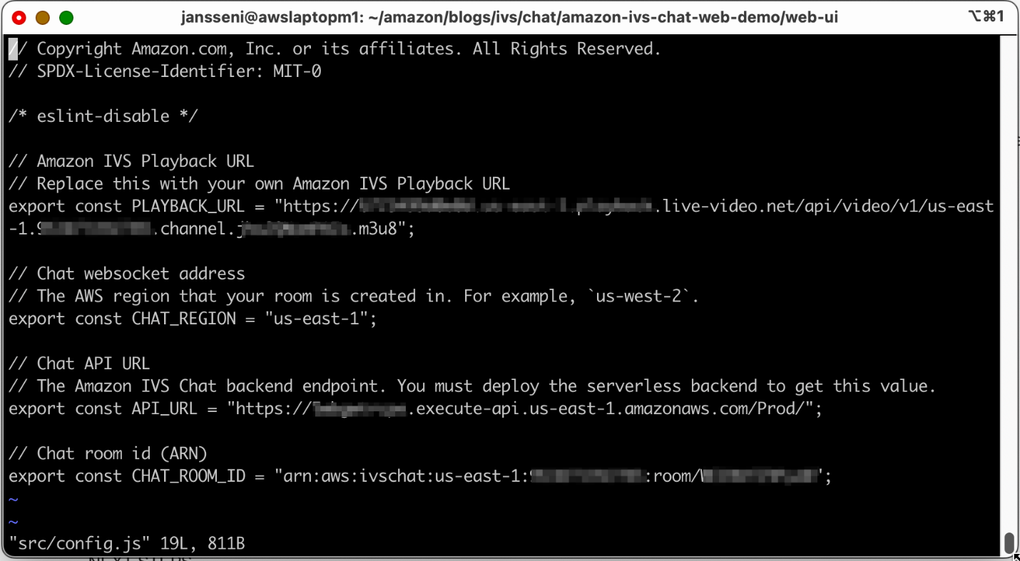 Figure 6. The contents of the src/config.js file that you create when you deploy the Amazon IVS Chat feature.