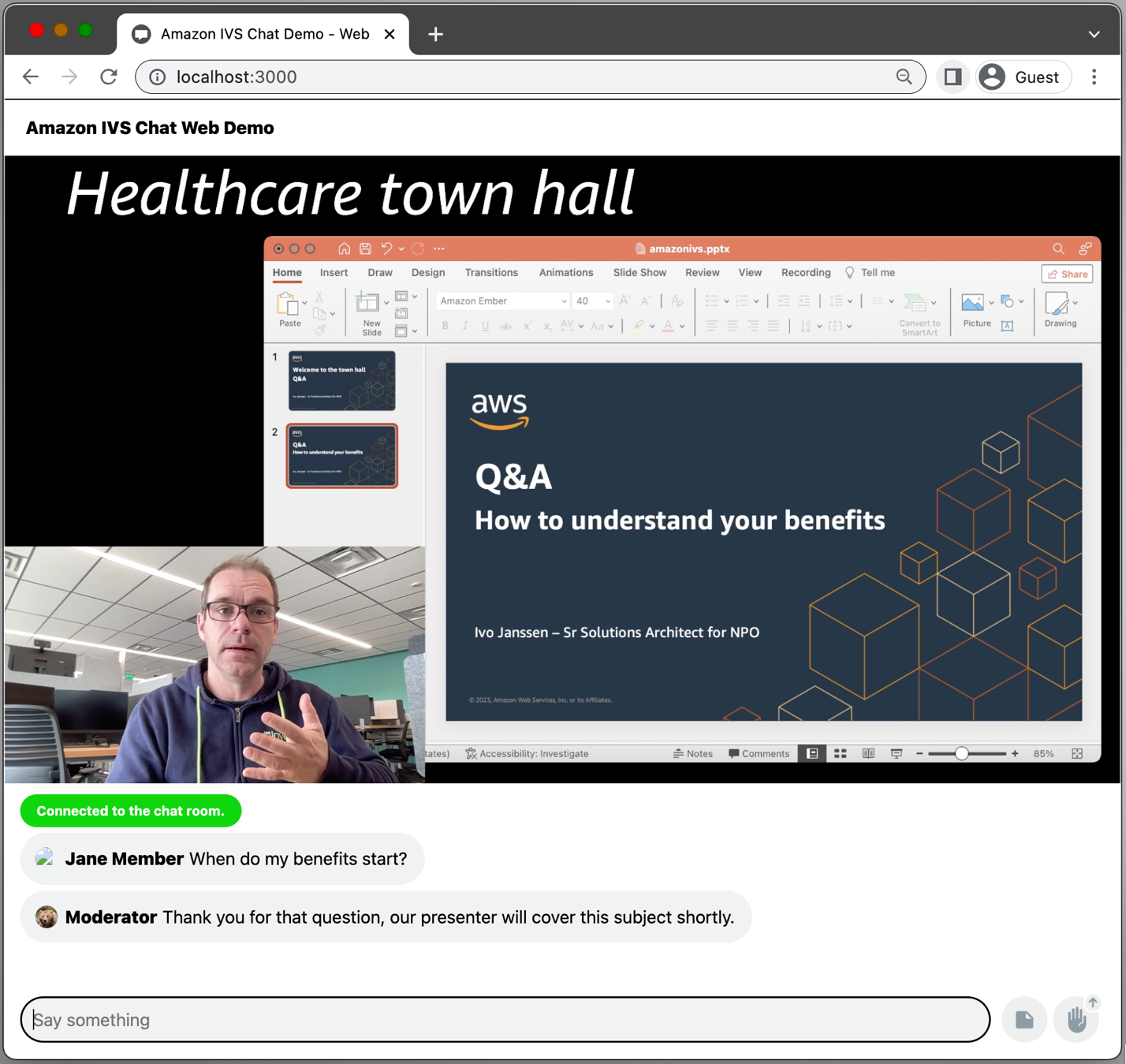 Figure 7. The final town hall solution, which includes a title, video stream, presentation, and chat window.