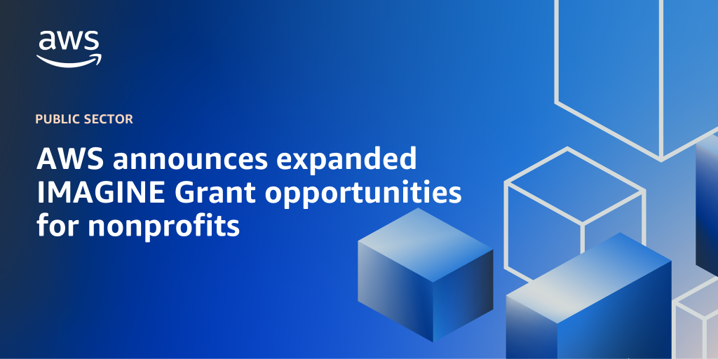 AWS branded background design with text overlay that says "AWS announces expanded IMAGINE Grant opportunities for nonprofits"