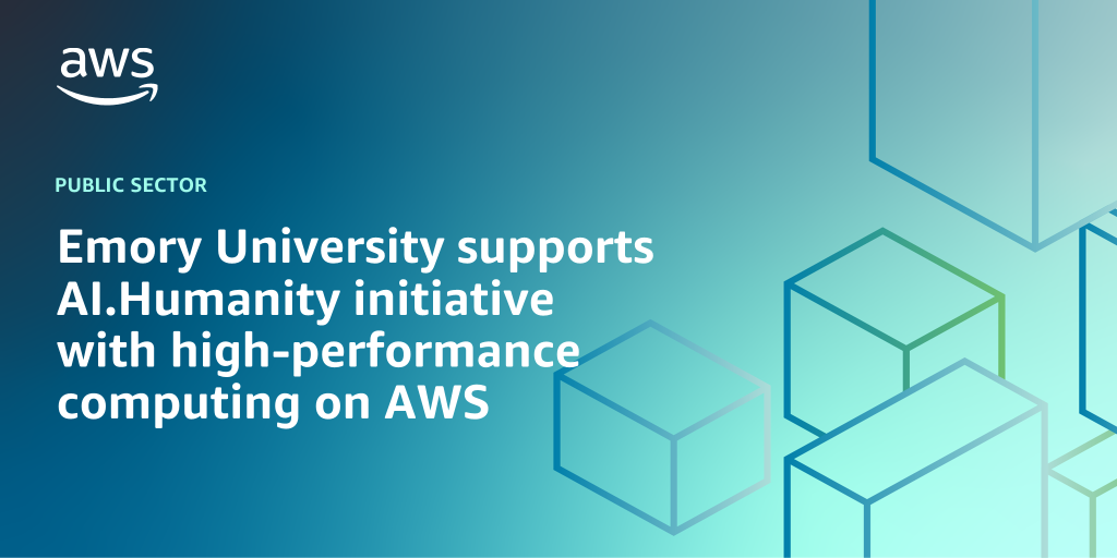 AWS branded background design with text overlay that says "Emory University supports AI.Humanity initiative with high-performance computing on AWS"