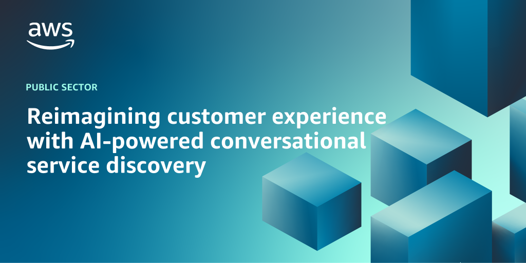 AWS branded background design with text overlay that says "Reimagining customer experience with AI-powered conversational service discovery"