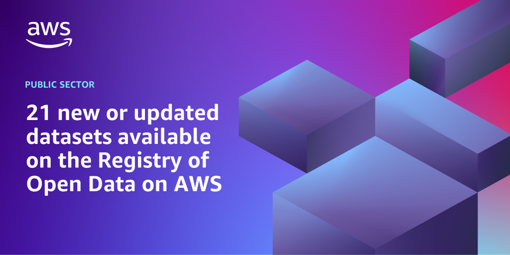 AWS branded background design with text overlay that says "21 new or updated datasets available on the Registry of Open Data on AWS"