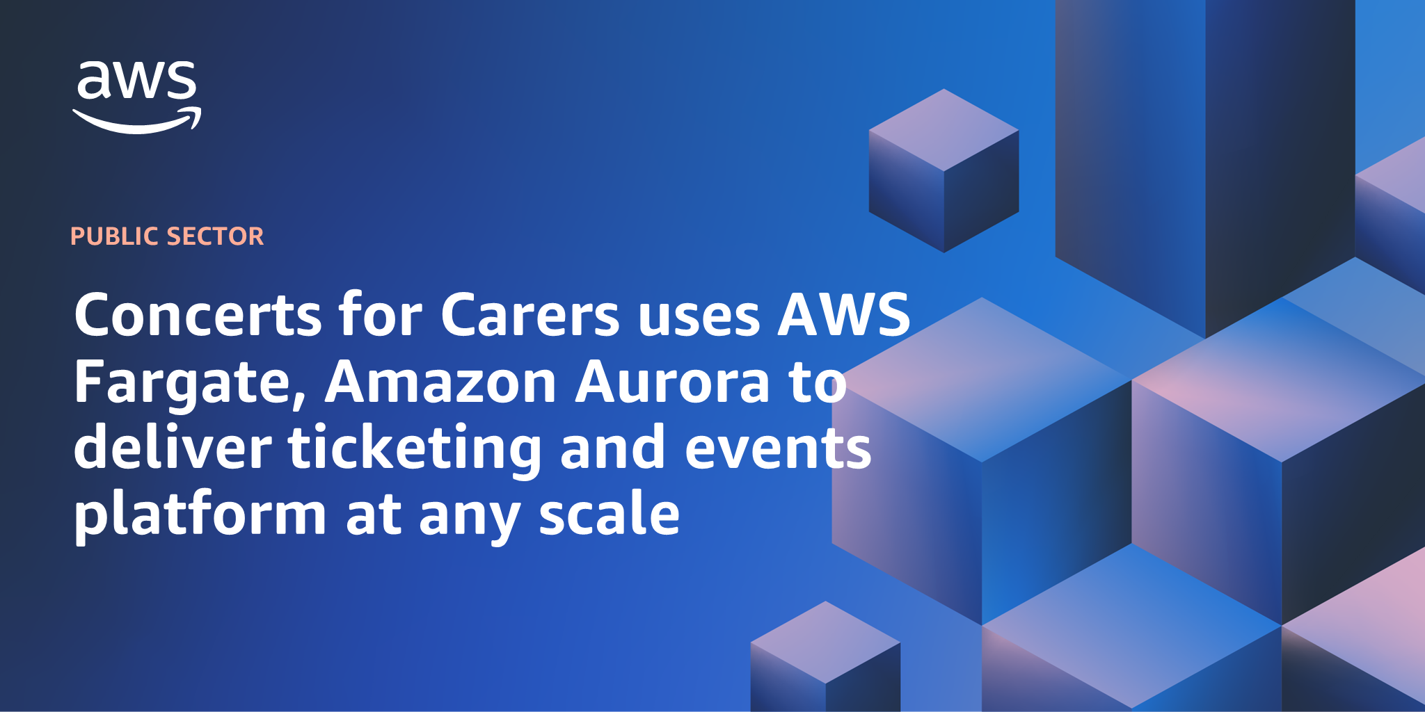 AWS branded background design with text overlay that says "Concerts for Carers uses AWS Fargate and Amazon Aurora to deliver their ticketing and events platform at any scale"