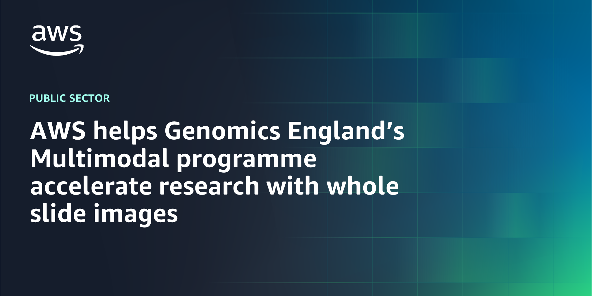 AWS branded background design with text overlay that says "AWS helps Genomics England’s Multimodal programme accelerate research with whole slide images"