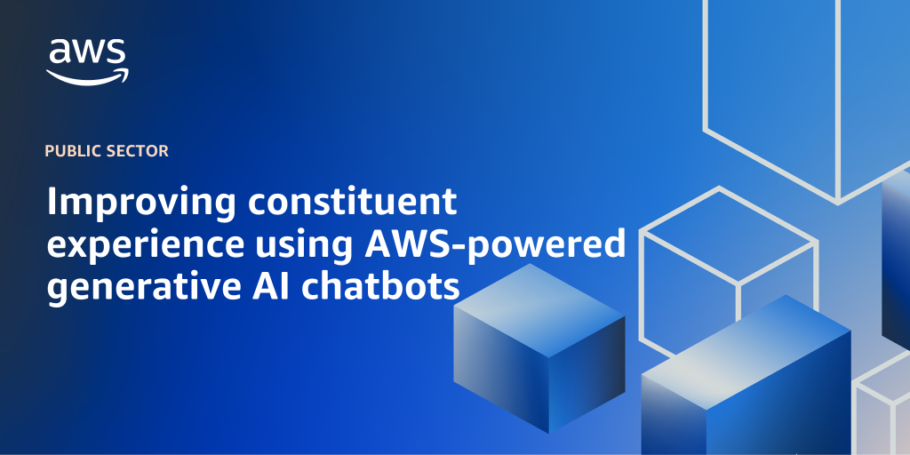 AWS branded background design with text overlay that says "Improving constituent experience using AWS-powered generative AI chatbots"