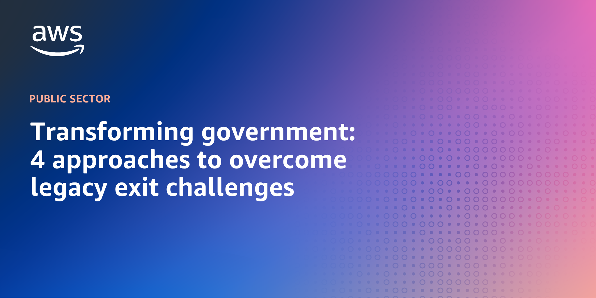 AWS branded background design with text overlay that says "Transforming government: 4 approaches to overcome legacy exit challenges"