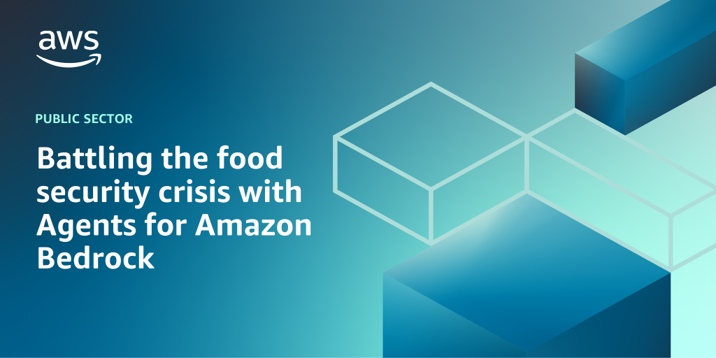 AWS branded background design with text overlay that says "Battling the food security crisis with Agents for Amazon Bedrock"