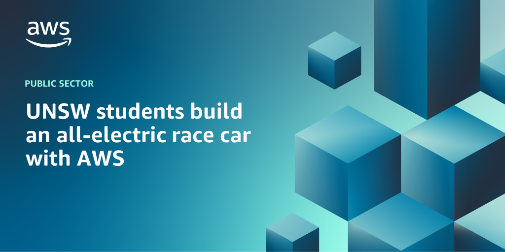 AWS branded background design with text overly that says "UNSW Students build an all-electric race car with AWS"