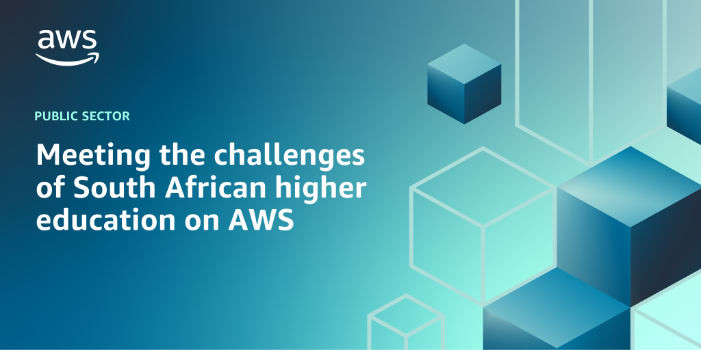 AWS branded background design with text overlay that says "Meeting the challenges of South African higher education on AWS"