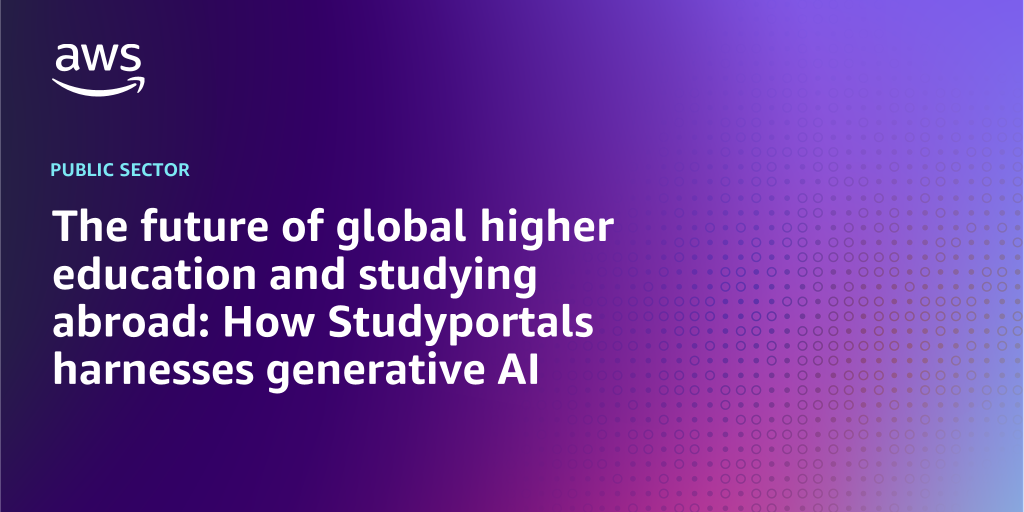 AWS branded background with text overlay that says "The future of global higher education and studying abroad: How Studyportals harnesses generative AI"