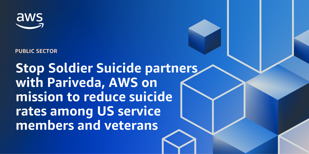 AWS branded background design with text overlay that says "Stop Soldier Suicide partners with Pariveda, AWS on mission to reduce suicide rates among US service members and veterans"