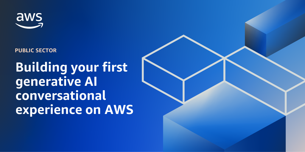 AWS branded background design with text overlay that says "Building your first generative AI conversational experience on AWS"