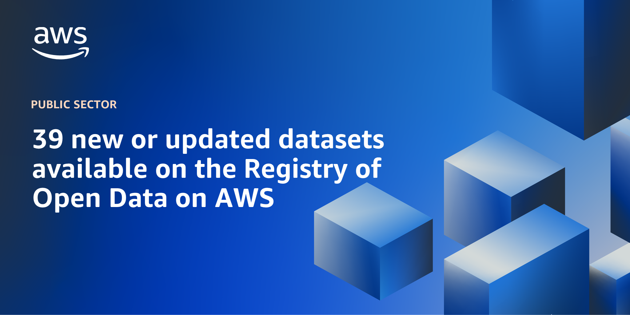 AWS branded background design with text overlay that says "39 new or updated datasets available on the Registry of Open Data on AWS"