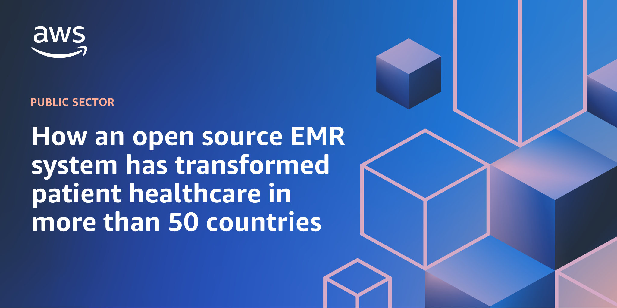 AWS branded background design with text overlay that says "How an open source EMR system has transformed patient healthcare in more than 50 countries"