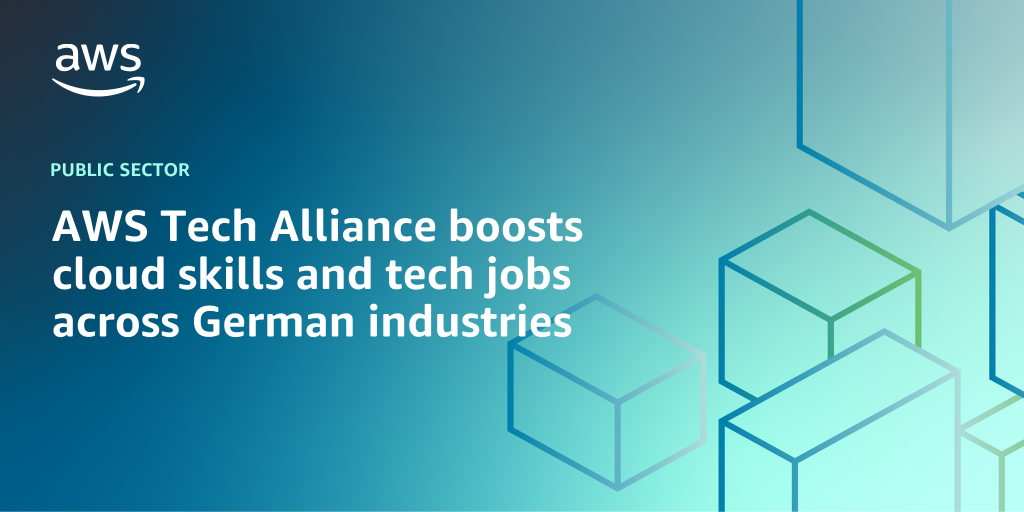 AWS branded background design with text overlay that says "AWS Tech Alliance boosts cloud skills, tech jobs across German industries"