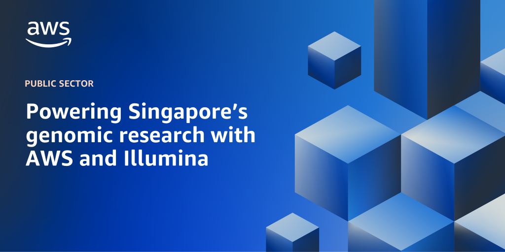 AWS branded background design with text overlay that says "Powering Singapore’s genomic research with AWS and Illumina"