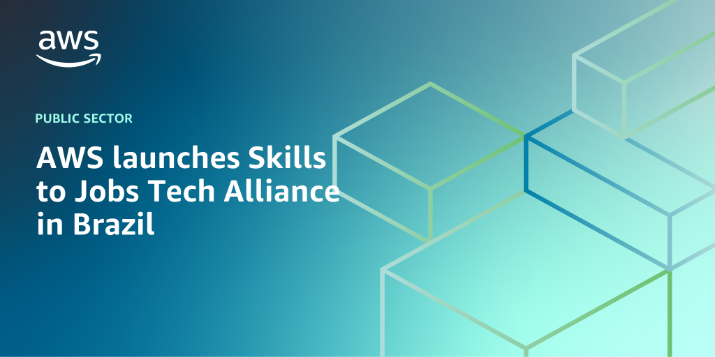 AWS branded background design with text overlay that says "AWS launches Skills to Jobs Tech Alliance Program in Brazil"