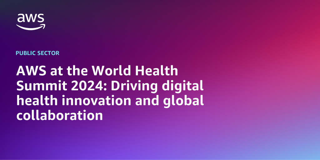 AWS branded background design with text overlay that says "AWS at the World Health Summit 2024: Driving digital health innovation and global collaboration"