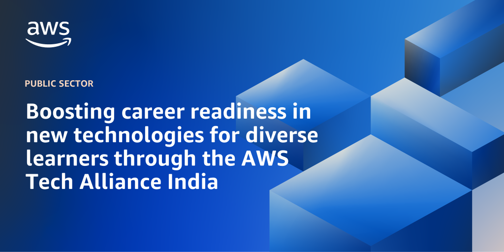 AWS branded background design with text overlay that says "Boosting career readiness in new technologies for diverse learners through the AWS Tech Alliance India"