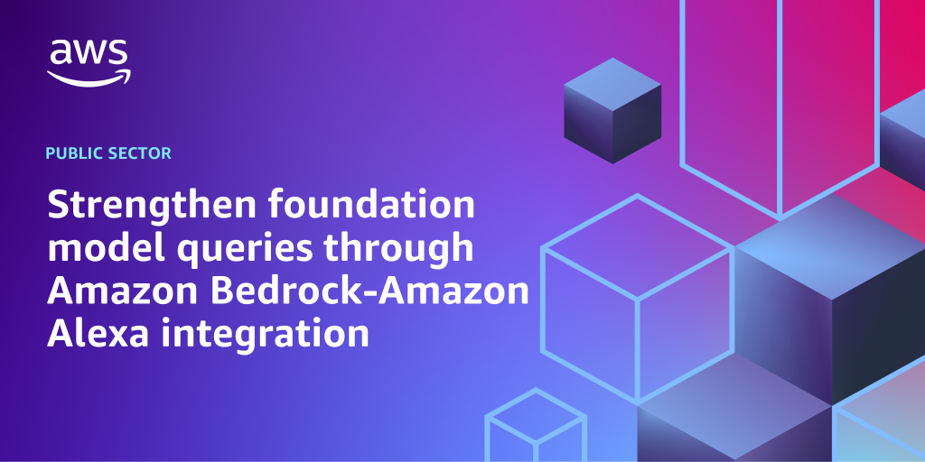 AWS branded background design with text overlay that says "Strengthen foundation model queries through Amazon Bedrock-Amazon Alexa integration"