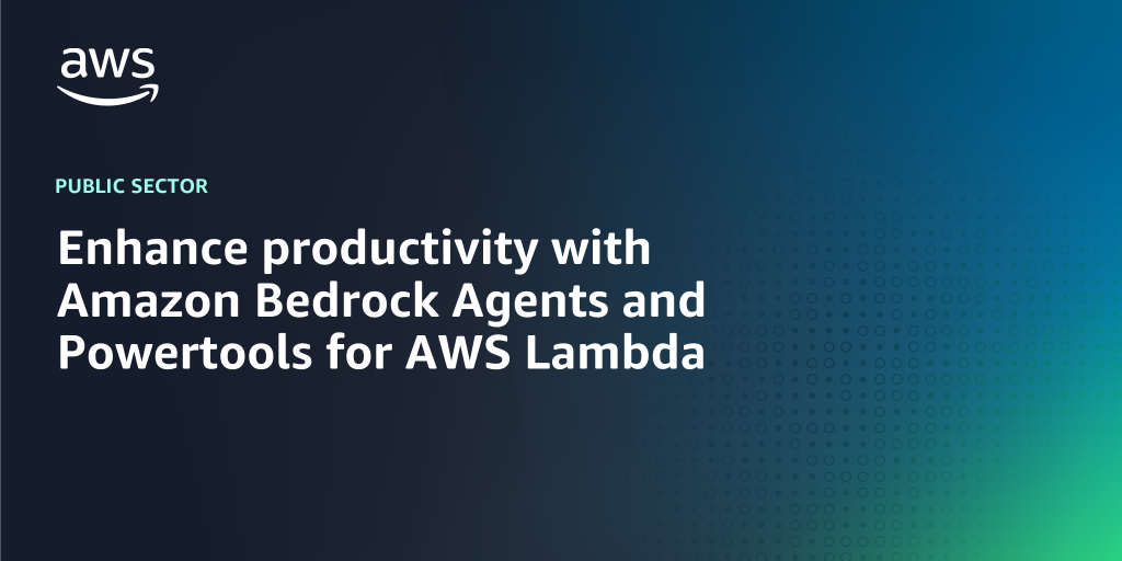 AWS branded background design with text overlay that says "Enhance productivity with Amazon Bedrock Agents and Powertools for AWS Lambda"