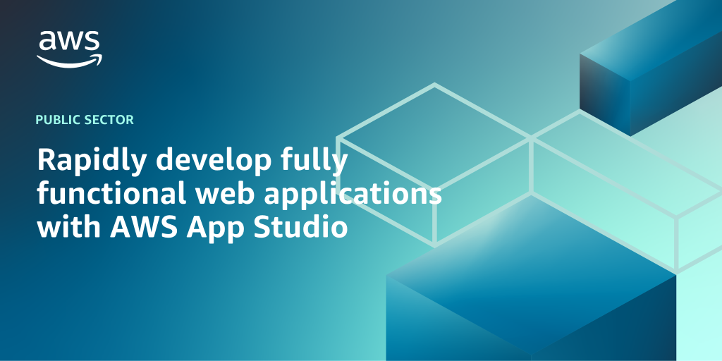 AWS branded background design with text overlay that says "Rapidly develop fully functional web applications with AWS App Studio"