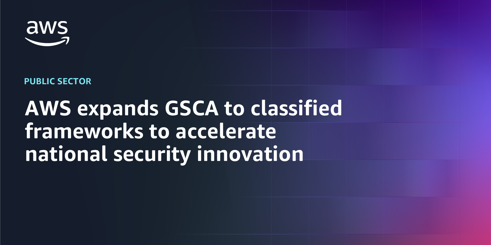 AWS branded background with text "AWS expands GSCA to classified frameworks to accelerate national security innovation"
