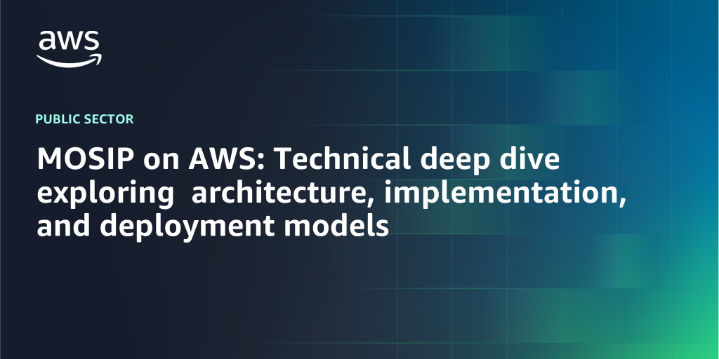 AWS branded background with text "MOSIP on AWS: Technical deep dive exploring architecture, implementation, and deployment models"