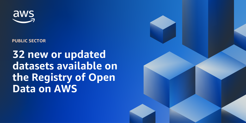 AWS branded background with text "32 new or updated datasets available on the Registry of Open Data on AWS"