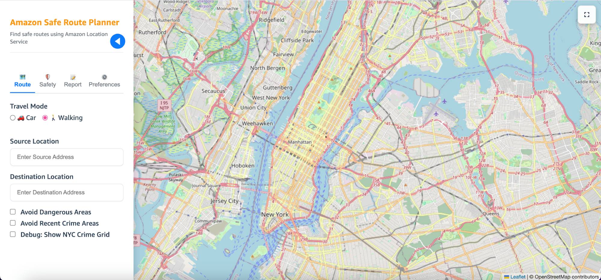 Figure 2: SafeRoute route planner interface