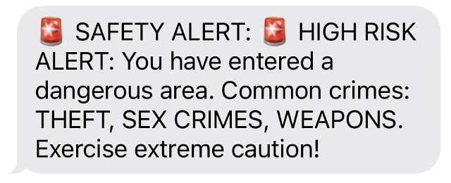 Figure 9: SMS message displaying a safety alert indicating a high-risk area