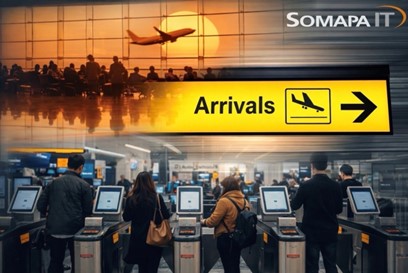 Photo of crowded airport with Arrivals sign