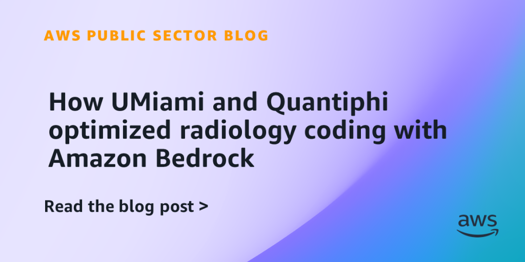 Fewer than 5 percent of radiologists review their own billing codes, compared to roughly 90 percent of primary care physicians. That gap has consequences: Over the past decade, it has contributed to nearly 50 percent reimbursement losses in radiology. In radiology, radiologists' adjacent personnel must translate every image read into standardized International Classification of Diseases, 10th Revision (ICD-10) codes that drive billing, follow-ups, and quality reporting. When those codes are unverified or poorly documented, the results are billing delays, claim denials, and delayed patient care. The University of Miami Health System (UHealth) partnered with AWS and AWS Partner Quantiphi to build a generative AI coding solution on Amazon Bedrock called Hurricode. The solution puts radiologists back in the loop, achieving approximately 92 percent coding accuracy, projecting a 34 percent revenue increase, and reducing manual effort by roughly 40 percent. The University of Miami Leonard M. Miller School of Medicine is Florida's first medical school and home to the Sylvester Comprehensive Cancer Center, the highest-ranked cancer center in Florida for cancer care in 2026. The Department of Radiology performs over 1 million procedures annually across eight specialized divisions. Quantiphi is an AWS Premier Tier Services Partner and AWS 2025 Public Sector Global Generative AI Consulting Partner of the Year. When manual coding can't keep up The UHealth radiology team faced a set of interconnected problems. The sheer volume of manual reporting fueled clinician fatigue. The department's legacy natural language processing (NLP) coding tool reached only 58–77 percent accuracy. It lacked the precision, scalability, and speed that modern diagnostic workflows demand, producing inconsistent ICD-10 code mapping and driving medical necessity denials. A lack of transparency compounded the inconsistency. The team needed defensible code identification in the form of clear, understandable rationales behind every ICD-10 prediction. Without it, clinicians couldn't trust or validate the output, and the department couldn't meet its compliance and audit requirements. UHealth serves a complex oncologic and tertiary care population where actionable incidental findings (AIFs) such as lung nodules, pulmonary emboli, and fractures demand timely follow-up. This makes accurate, well-documented coding a patient safety issue as much as a financial one. Building a radiologist-in-the-loop workflow on AWS To solve these challenges, UHealth and Quantiphi designed a solution with radiologists, studying their exact workflow to understand where AI could reduce friction without disrupting clinical judgment. The result is Hurricode, a generative AI–powered coding assistant built on Amazon Bedrock. Hurricode uses Amazon Bedrock to generate ICD-10 code suggestions with associated reasoning from transcribed radiology reports. Radiologists review and confirm the codes through a custom interface, a self-attestation process that takes less than 30 seconds per study. This radiologist-in-the-loop approach maintains clinical-grade accuracy while reducing manual effort by approximately 40 percent. The solution also accelerates upstream insurer verification (pre-authorization) for recommended further imaging, which occurs in 11–27 percent of advanced imaging studies. By surfacing accurate, well-documented codes earlier in the workflow, Hurricode helps streamline the pre-authorization process. The project began with a strategic assessment, roadmap, and proof of concept (PoC). The pipeline ingests, pre-processes, and passes radiology reports and the ICD-10 code directory to a fine-tuned model. Hurricode is the first solution to flag pertinent negative findings (PNFs)—conditions that have been ruled out, such as bleeds or fractures—improving documentation quality and supporting more complete clinical records. Future plans include surfacing AIFs for tracking, scheduling, and pre-authorization through the University of Miami No Findings Left Behind™ provenance network. Figure 1: ICD-10 Coding Automation Workflow for Radiology Reports How the solution comes together on AWS The following AWS services power the Hurricode solution: Amazon Bedrock — Foundation models including Amazon Titan Text Embeddings and Anthropic Claude for phrase extraction, code generation, and AIF identification Amazon SageMaker — Development and fine-tuning of the embedding model Amazon OpenSearch Service — Stores vectors for semantic search AWS Lambda — Orchestrates data ingestion and RAG (Retrieval Augmented Generation) pipeline Amazon EC2 — Additional compute Amazon S3 — Stores raw inputs, processed text, and web assets Amazon DynamoDB and Amazon RDS — Manage application and structured metadata Amazon CloudFront and Amazon Cognito — Deliver web application more securely, integrated with University of Miami single sign-on Figure 2: AWS Cloud Architecture for AI-Powered Medical Coding System Clinical-grade results at scale Hurricode has delivered measurable improvements across coding accuracy, operational efficiency, and clinical documentation: Approximately 92 percent coding accuracy, up from 58–77 percent Approximately 40 percent reduction in manual effort Radiologists spend less than 30 seconds per advanced imaging study Projected approximately 34 percent revenue increase through optimized revenue cycle management and advanced authorization Additional upside from CMS Quality Payment Program quality metrics Physician attestation improves documentation of PNFs in more than 50 percent of patients Projected 10–25 percent uplift in AIF follow-up through the No Findings Left Behind initiative Aims to reduce findings lost to follow-up from the industry norm of 20–40 percent to under 5 percent Strengthens metrics including length of stay, risk adjustment factor (RAF), and hierarchical condition category (HCC) reporting Scalable beyond 1 million advanced imaging reports (CT, MRI, PET) per year "The first-of-its-kind solution we developed with Quantiphi at the University of Miami, Hurricode, will particularly improve quality and safety, identify actionable findings in at-risk patients, and enable other proactive measures that we feel will profoundly contribute to the rapidly expanding field of preventive radiology." — Dr. Alexander M. McKinney, chair of the Department of Radiology at the University of Miami Figure 3: Hurricode AI Platform: Intelligent Radiology Findings and Clinical Integration Hub What's next In the next phase, UHealth plans to automate the transfer of key EHR data into required documentation for more timely and compliant processes. The team also plans to expand Hurricode beyond radiology into pathology, interventional neurosurgery, and cardiology. To explore how generative AI on Amazon Bedrock can transform your organization's workflows, connect with Quantiphi or visit the AWS Generative AI Innovation Center. About the authors Figure 4: Professional Headshot - Giorgia Rematska Giorgia Rematska, PhD Giorgia Rematska, PhD, is a principal architect and machine learning specialist at Quantiphi with over 7 years of expertise in traditional ML, deep learning, and generative AI. She has led initiatives including automated medical document processing, ICD-10 code prediction, and model distillation for privacy-preserving NLP. Figure 5: Professional Headshot - Rakesh Raghu Rakesh Raghu Rakesh Raghu is a senior partner solutions architect at AWS who helps AWS Partners design and build scalable, more secure cloud solutions for public sector customers. He specializes in cloud networking and connectivity and works on migrating workloads to AWS and architecting generative AI solutions. Figure 6: Professional Headshot - Shane Knisley Shane Knisley Shane Knisley is a partner solutions architect with AWS Worldwide Public Sector (WWPS) who helps partners and public sector customers design more secure, compliant workloads across AWS commercial and government Regions. He has over 20 years of IT and cybersecurity experience with deep expertise in RMF and FedRAMP processes.