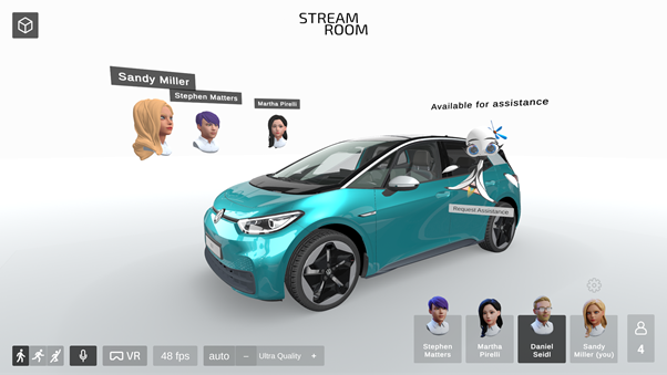 A screenshot of the StreamRoom AI application, showing a photorealistic car within a group of four meeting participants and a virtual AI assistant.