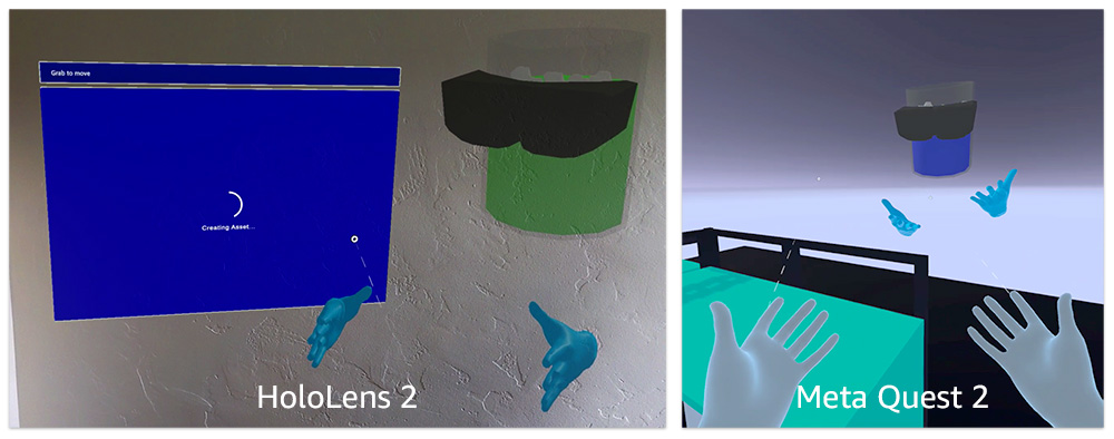 Screen captures from the HoloLens 2 and Meta Quest 2 of gesturing avatars in an XR experience.