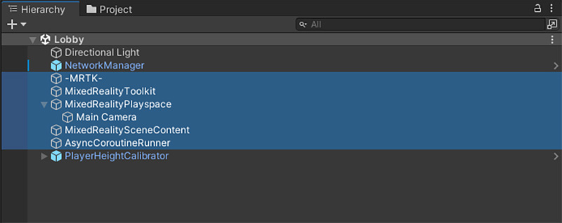 A screenshot from the Unity Editor showing the MRTK GameObjects that are created in the scene.