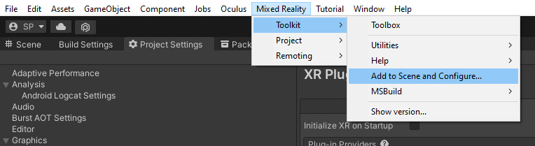 A screenshot from the Unity Editor showing how to add the MRTK components to the scene.