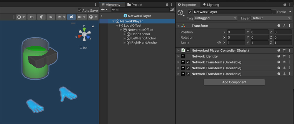 A screenshot from the Unity Editor showing a Network Player prefab with Mirror Networking components added.