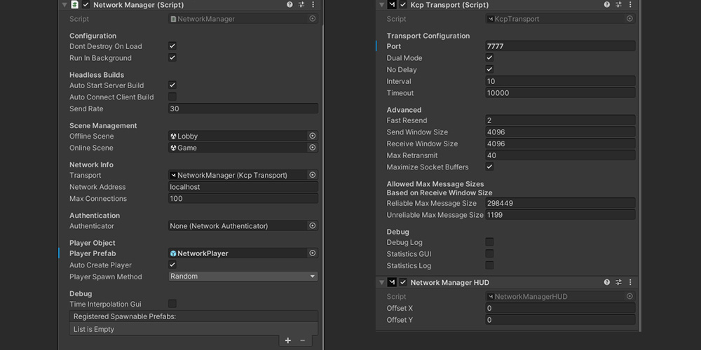 A screenshot from the Unity Editor showing the configuration of the Network Manager with attached Network Manager, KCP Transport, and Network Manager HUD components.